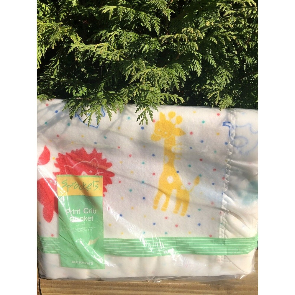 Vintage Sprockets Mervins Baby Blanket ACRYLIC NYLON Binding, White, Safari New